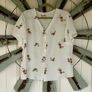 Ana & Rose Women's Embroidered Top Size XL Short Sleeve White Floral Blouse